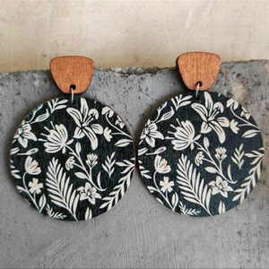 Black White Brown Floral Wooden Lightweight Print Bohemian Statement Earrings